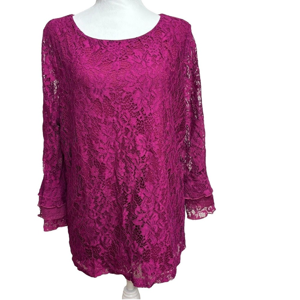 ELLE Lace Blouse Berry Tiered Bell Sleeve Floral Scoop Neck Romantic‎ Boho XXL